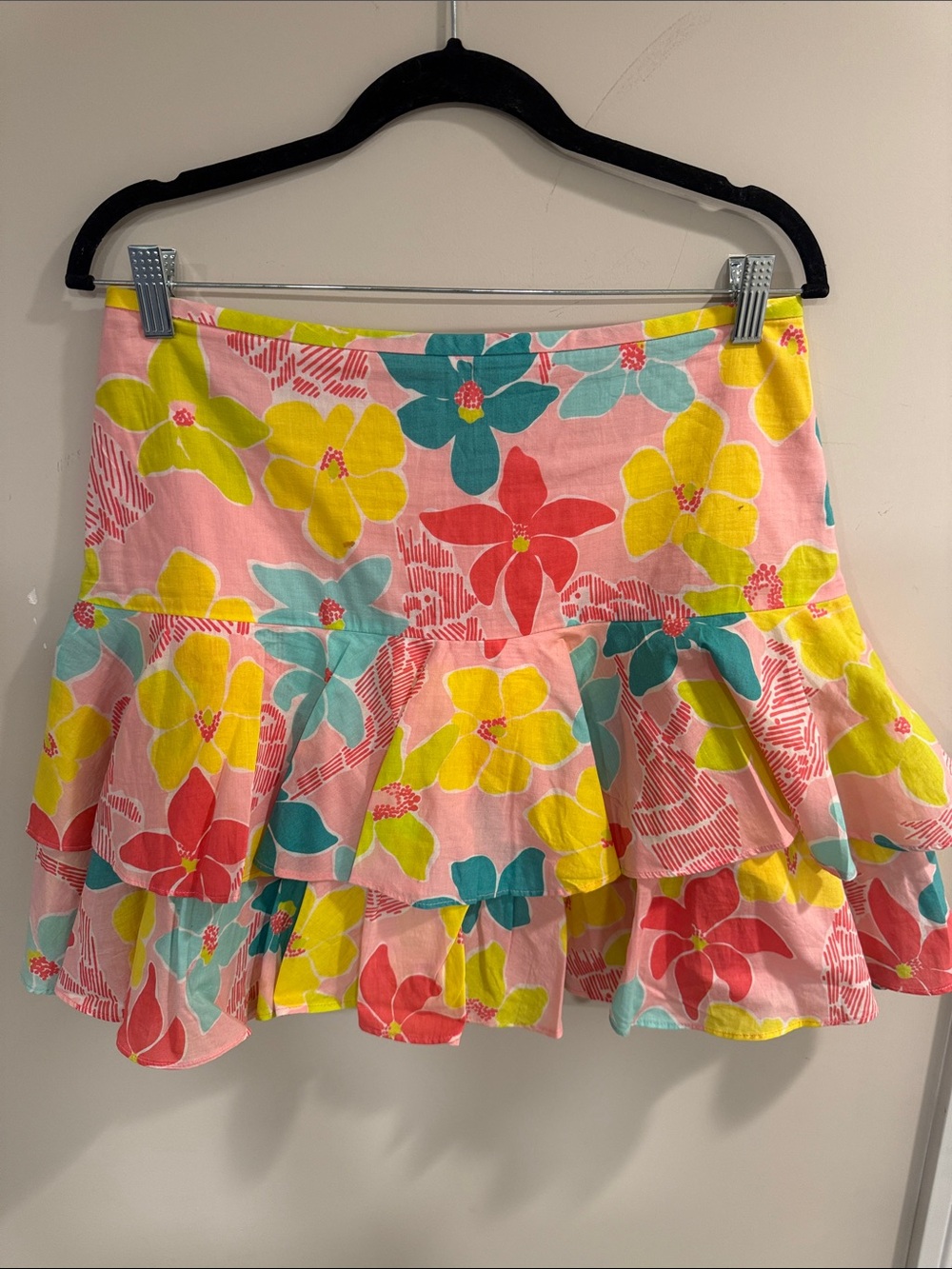 Lilly Pulitzer Pink Floral Tiered Skater Skirt with Yellow & Teal Blooms
